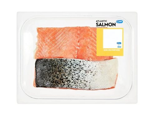 Fresh Atlantic Salmon Portions, 0.70 - 1.10 lb. Whole Salmon Portion. 240 Calories per 3 oz Serving. Certifications - BAP Certified