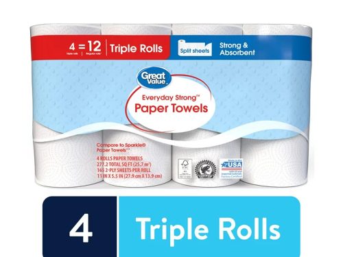Great Value Everyday Strong Paper Towels, Split Sheets, 4 Triple Rolls